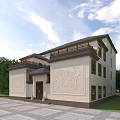 Chinese Style Detached Villa With Two Story Structure Lotus Relief Carvings And Green Courtyard