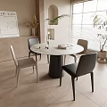 Round Marble Dining Table Set with Four Gray Beige Chairs and Potted Plants 3d model