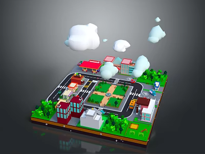 Cartoon City Scene With Streets Buildings Park Areas Green Trees And Floating Clouds 3d model