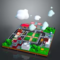 Cartoon City Scene With Streets Buildings Park Areas Green Trees And Floating Clouds