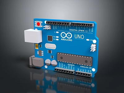 Blue Arduino UNO Development Board With Digital Analog Pins And Components 3d model
