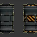 Two Industrial Black Cylindrical Devices With Yellow Black Stripes And Metal Handles