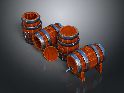 Wooden Barrels With Metal Hoops And Open Lids In Various Positions 3d model