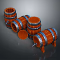 Wooden Barrels With Metal Hoops And Open Lids In Various Positions