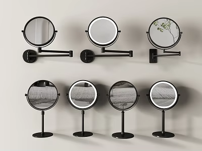 Modern Round Bathroom Mirrors Featuring Wall Mounted And Tabletop Black Stands 3d model