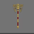 Ornate Battle Axe with Intricate Gold Blue Design Green Gemstone Red Handle and Spiked Bottom