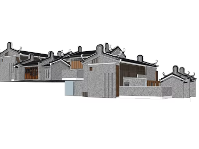 Traditional Chinese Style Buildings With Gray Brick Walls And Curved Roof Eaves 3d model