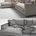 Light Beige Sectional Sofa With Plush Pillows And Cozy Throw Blanket In Modern Living Room