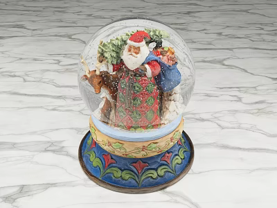 Decorative Ornament Set Featuring Santa Claus Child Reindeer in Snow Globe with Colorful Decorative Base 3d model