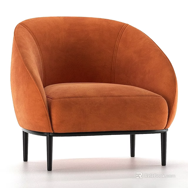 Modern Curved Orange Velvet Single Sofa with Black Metal Legs Design 3d model 