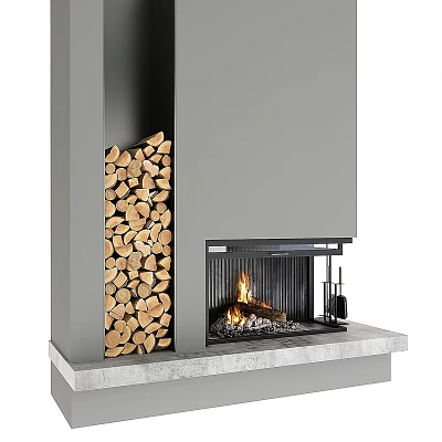 Modern Fireplace Design With Burning Flame And Stacked Firewood On Stone Hearth 3d model
