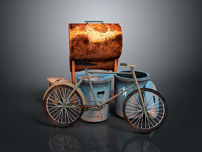 Vintage Household Items Rusty Oil Barrel Old Bicycle And Colorful Storage Barrels 3d model