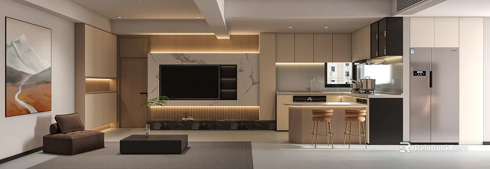 Modern Living Dining Interior With TV Wall Marble Wooden Accents And Bar Stools 3d model 