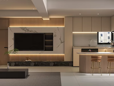 Modern Living Dining Interior With TV Wall Marble Wooden Accents And Bar Stools 3d model