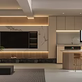 Modern Living Dining Interior With TV Wall Marble Wooden Accents And Bar Stools