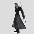 Man in Black Long Coat with Long Hair holding a Long Sword and Purple Accents