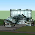 Modern Multi Storey Office Building with Curved Glass Facade Greenery Covered Lower Floors and Fountain