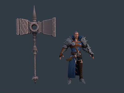 Game Movie Warrior Character With Metal Armor Blue Cloak And Large Warhammer 3d model