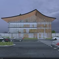 Modern Office Building With Unique Roof Design Glass Curtain Walls Illuminated Interior And Parking Area
