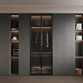 Modern Walk in Closet Design With Dark Cabinets Glass Doors Hanging Clothes and Open Shelves