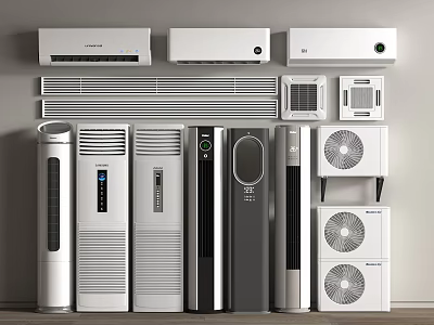 Various Air Conditioners And Fans Displayed On Wall 3d model