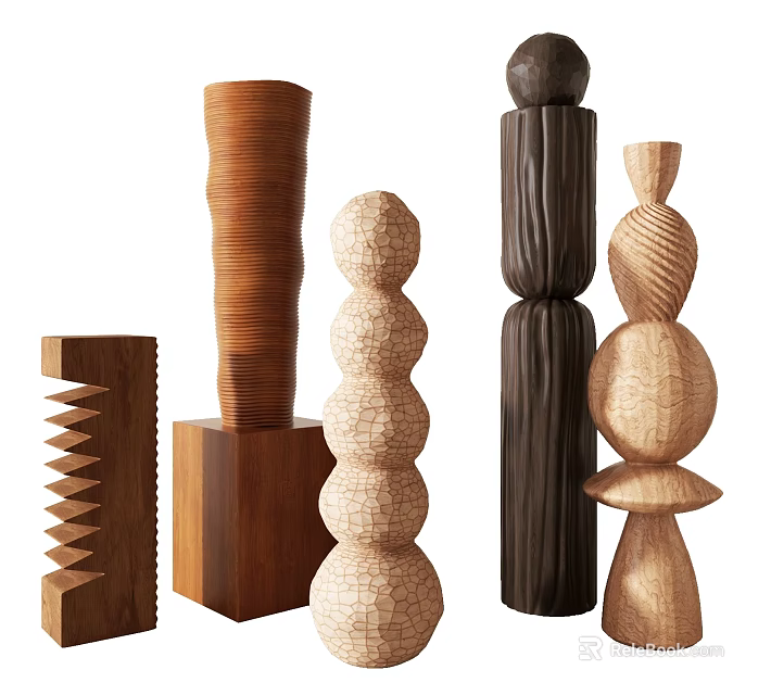 Modern Wooden Decorative Ornament Set With Artistic Stacked Spherical Cylindrical Textured Designs 3d model 