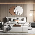 Modern Bedroom Interior With Background Double Bed Nightstand Ottoman Rug And Decorative Wall Art