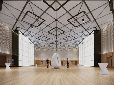 Spacious Exhibition Hall Featuring Geometric Ceiling Design Large Glass Windows Wooden Flooring And White Sculpture 3d model
