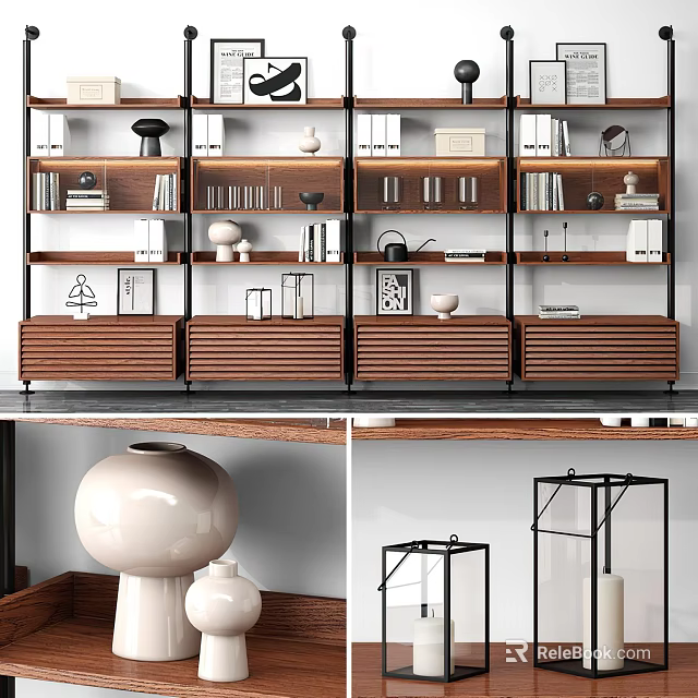 Stylish Decorative Ornament Set With Books And White Vases On Wooden Shelves 3d model 