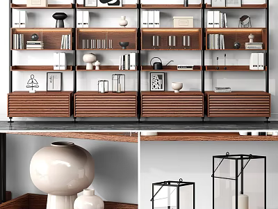 Stylish Decorative Ornament Set With Books And White Vases On Wooden Shelves 3d model
