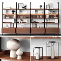 Stylish Decorative Ornament Set With Books And White Vases On Wooden Shelves