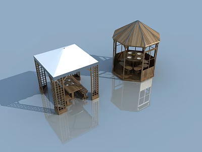 Wooden Outdoor Pavilions With White Roof And Octagonal Gazebo Seating Area Design 3d model