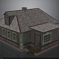 Wooden House With Gray Roof Red Trim Green Accents Windows Porch And Chimney