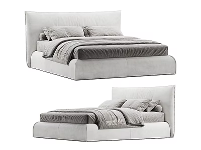 Modern Light Gray Double Bed With Padded Headboard And Cozy Bed Linens 3d model