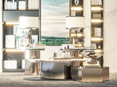 Modern Stainless Steel Coffee Table With Ambient Lighting And Bookshelf Decorations 3d model