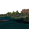 Scenic Landscape With Green Mountains Rocky Shores Water And Buildings