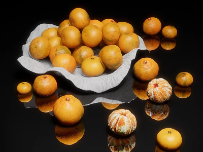 Fresh Juicy Oranges on White Plate with Black Background and Scattered Reflections 3d model