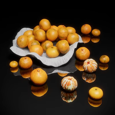 Fresh Juicy Oranges on White Plate with Black Background and Scattered Reflections 3d model