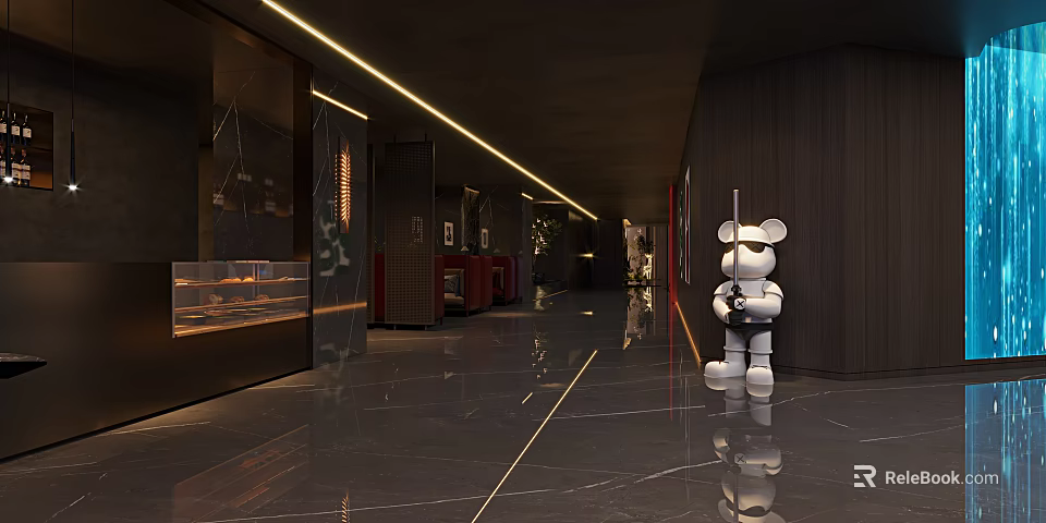White Bear Statue In Modern Hallway With Dark Walls Marble Floor Lighting And Display Cabinets 3d model 