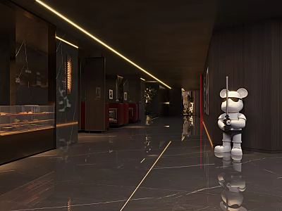 White Bear Statue In Modern Hallway With Dark Walls Marble Floor Lighting And Display Cabinets 3d model