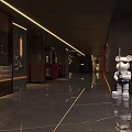White Bear Statue In Modern Hallway With Dark Walls Marble Floor Lighting And Display Cabinets