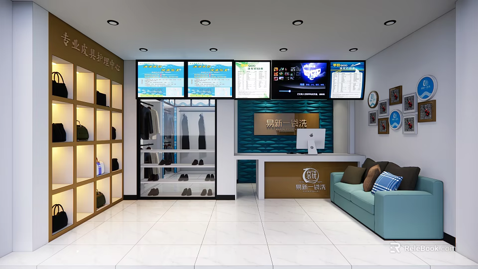 Modern Shopping Mall Store Interior With Clothing Shoes Screens Reception Desk And Lounge Area 3d model 