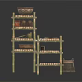 Rustic Bamboo Multi Tiered Shelf With Ceramic Bowls And Handmade Baskets 3d model