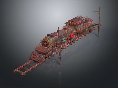 Vintage Steam Train With Rusted Details On Railroad Tracks And Telephone Pole 3d model