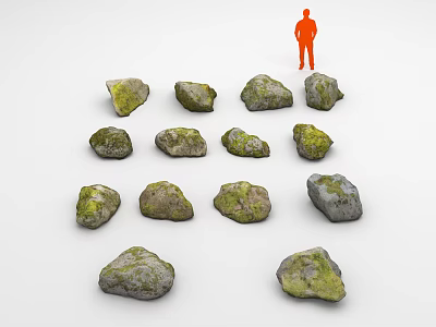 Mossy Green Stone Arrangement With Orange Human Figure On White Background 3d model