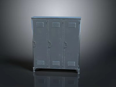 Gray Metal Locker Cabinet With Three Doors Vents Handles And Stand Base 3d model