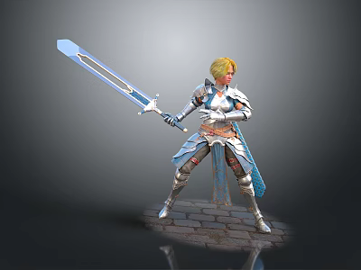 Armored Warrior With Blue Greatsword Standing Near Mythical Dragon On Stone Ground 3d model