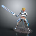 Armored Warrior With Blue Greatsword Standing Near Mythical Dragon On Stone Ground