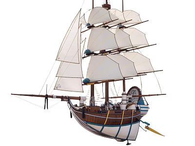 Decorative Model Sailing Ship With White Sails Wooden Hull And Blue Accents 3d model