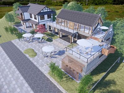 Scenic Traditional Guesthouse Building With Courtyard Outdoor Umbrellas Seating Greenery And Stone Pavement 3d model